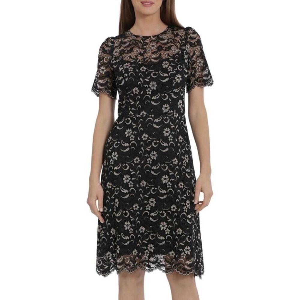 Maggy London Aurora Dress Women's 14 Black Lace A-Line Knee Length‎ Short Sleeve